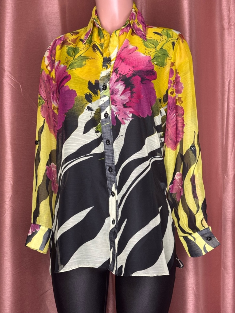 Floral Zebra-Print Button-Down Blouse - Yellow & Pink